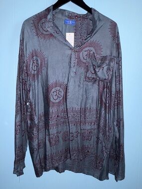 Blue Gray Boho Tunic with Maroon Om Print
